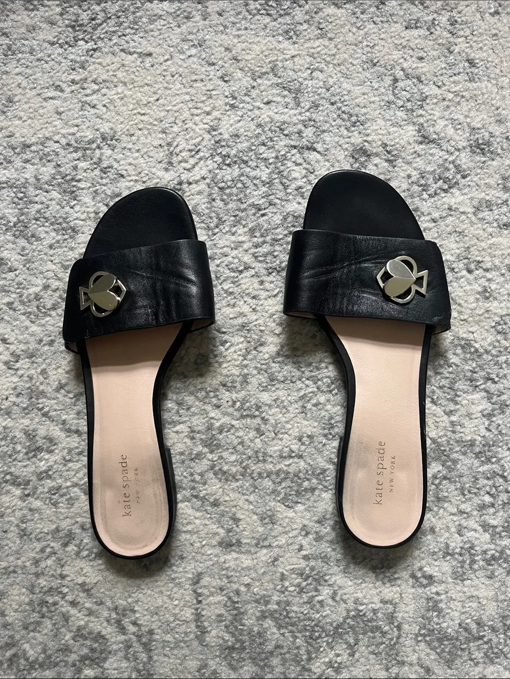 kate spade Black Leather Slide Sandals with Silver Logo size 8 1/2